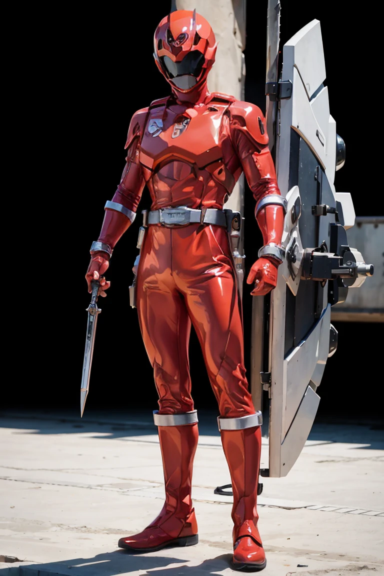 1boy, gold, full body, Illustration, cinematic light, high resolution, best quality, ultra detailed, masterpiece, power suit, powerranger, suit, spd, (Red ranger suit), gold detail, 