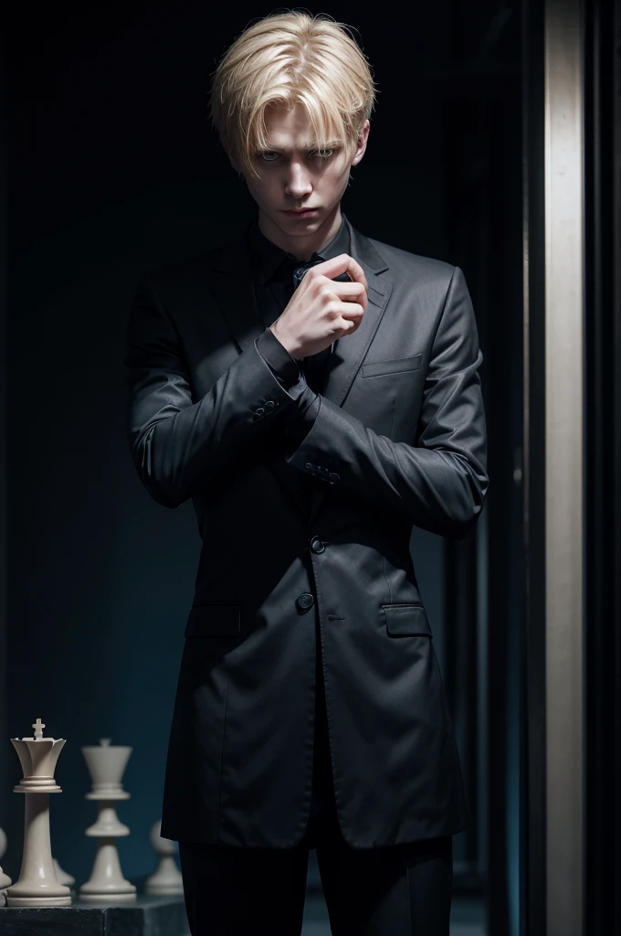 blue light effect, dynamic light effect, A blond man with straight, short hair, wearing elegant black clothes, is standing in a completely dark place. He holds a chess pawn between his thumb and forefinger. Your face is blurred with a black censorship stripe running over your eyes.. He's on top of a giant chessboard, with the pieces floating around him. The man's clothes and hair appear to be moving, even though he is still. He is standing, with head down, conveying sadness and loneliness. The image must be extremely realistic and the angle must be cinematic.