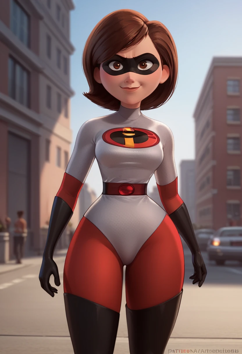 score_9,score_8_up,score_7_up,score_9,score_8_up,score_8,ultra detailed,beautiful face,beautiful hands,detailed background,detailed face,4k,HD,8k,highres,antialiasing,detailed,texture BREAK helenparrSDXL,1girl,short hair,brown hair,thighhighs,gloves,brown eyes,bodysuit,superhero,domino mask,cowboy shot,street background,street,from below, smile
