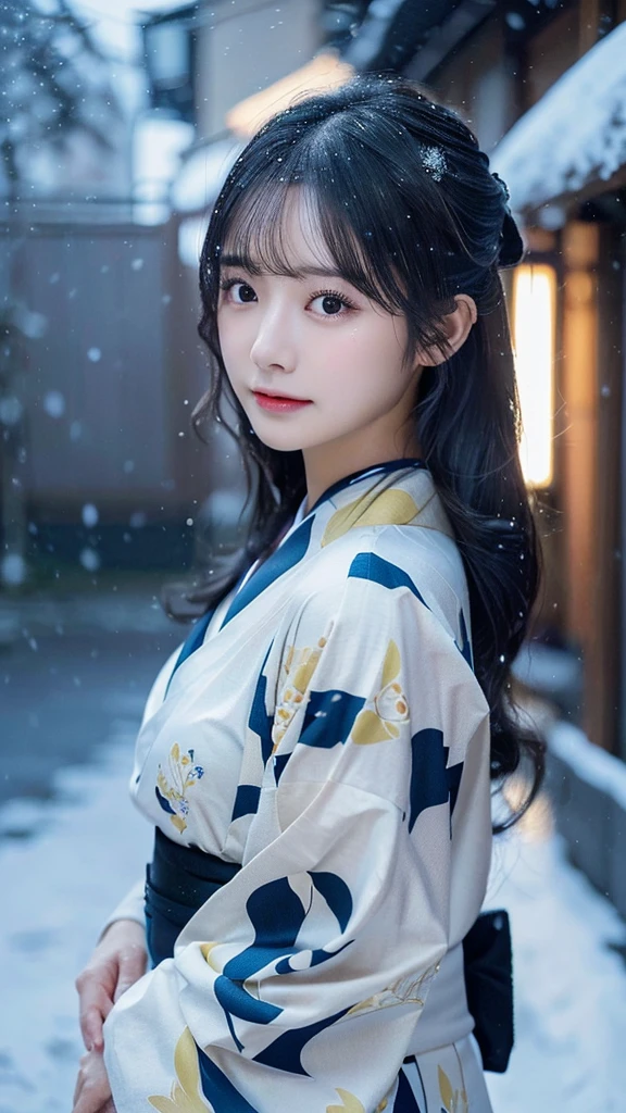 (Kimono)、(top-quality,masterpiece:1.3,超A high resolution,),(ultra-detailliert,Caustics),(Photorealsitic:1.4,RAW shooting,)Ultra-realistic capture,A highly detailed,high-definition16Kfor human skin、 Skin texture is natural、、The skin looks healthy with an even tone、 Use natural light and color,One Woman,japanes,,kawaii,A dark-haired,Middle hair,(depth of fields、chromatic abberation、、Wide range of lighting、Natural Shading、)、(Exterior light at night:1.4)、(Falling snow:1.2)、(Hair swaying in the wind:1)、(Light reflecting snow:1.3)