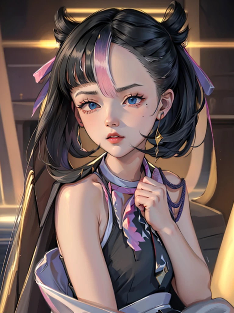 An exquisite masterpiece in the highest quality and high resolution featuring Marnie. Big sleepy eyes, Aqua Eye、Shining in dim light. Black Hair, too much hair, Voluminous Hair, Messy Hair, Half bangs, bangs, Just head and shoulders, Magazine Style, Pink tops, Russian women, Adult female, Looking at the audience, front, Surreal.
