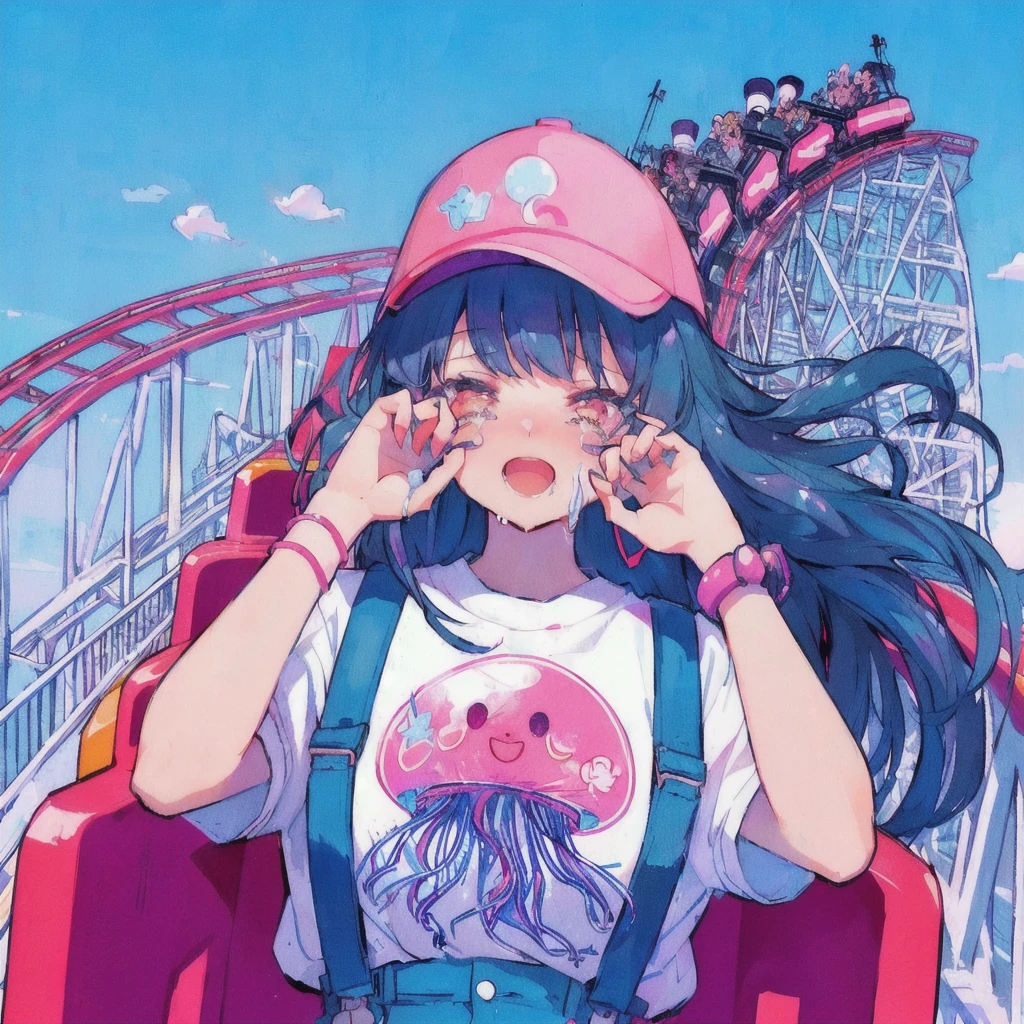 roller coasterに乗っているクラゲのTシャツを着たアニメの女の子, Crying hard,80s anime style, Lo-fi Girl, Anime Aesthetics, amusement park, Anime Aesthetics, Dreamy psychedelic anime, cute aesthetics, vehicle, Anime illustration, roller coaster, Anime Graphic Illustration, Anime-style illustrations, Girl Screamin' Yoro - Esthetics, Decora style illustrations, junko enoshima, lofi album art