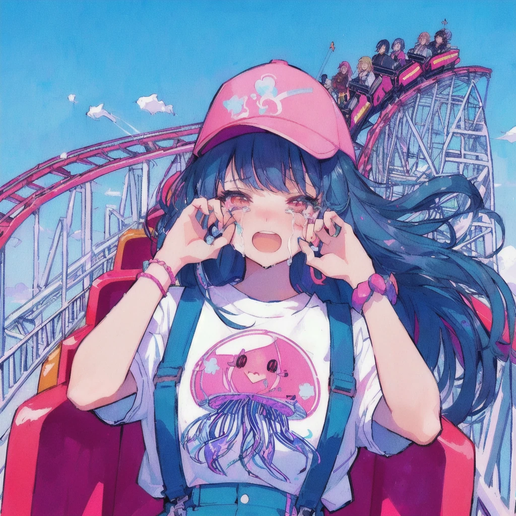 roller coasterに乗っているクラゲのTシャツを着たアニメの女の子, Crying hard,80s anime style, Lo-fi Girl, Anime Aesthetics, amusement park, Anime Aesthetics, Dreamy psychedelic anime, cute aesthetics, vehicle, Anime illustration, roller coaster, Anime Graphic Illustration, Anime-style illustrations, Girl Screamin' Yoro - Esthetics, Decora style illustrations, junko enoshima, lofi album art