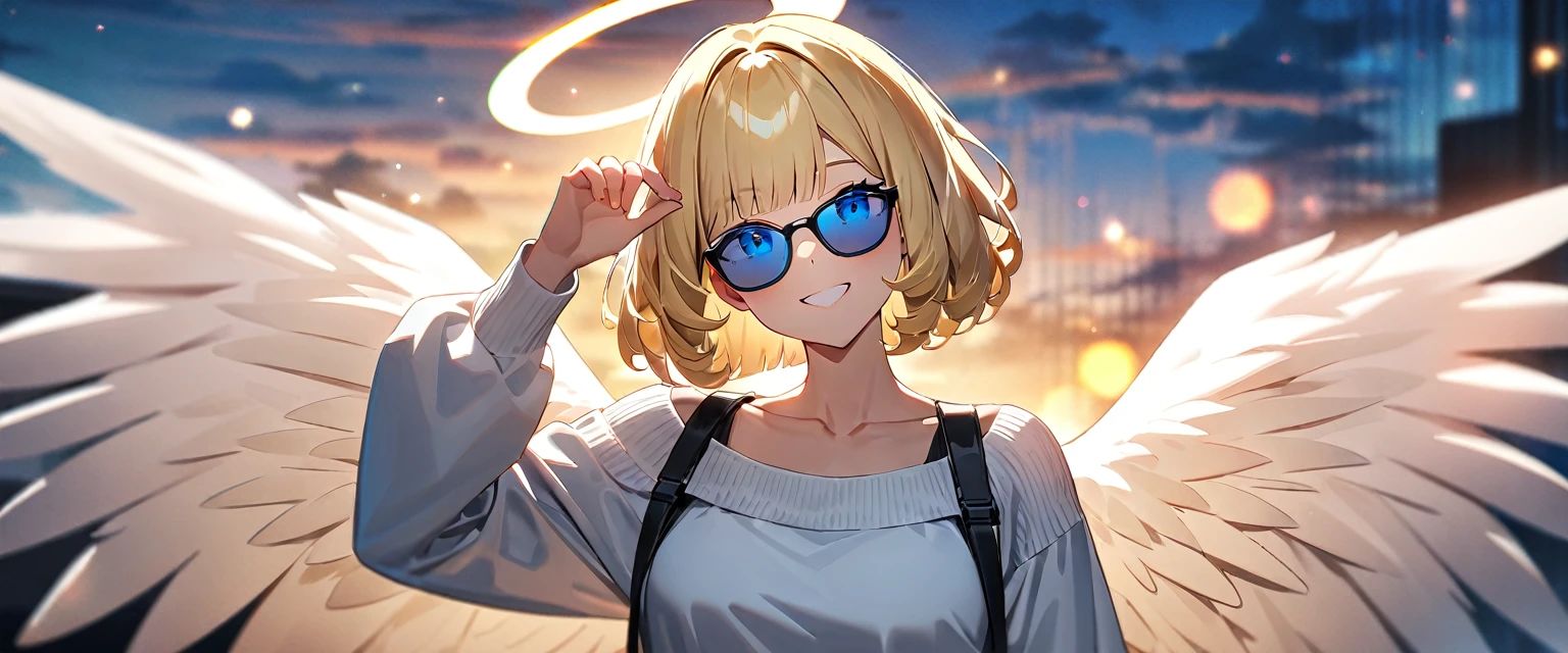((flying in the sky)), ((angel, big big white wings:1.3, halo:1.3)), ((sky)), (((sunglasses, hand to sunglasses))), (((cowboy shot))), archangel Uriel, ((wavy hair, inward curled hair)), evening, Sunset, ((blond hair, bob cut:1.3)), breasts, ager, (looking at viewer), oversized clothes, puffy long sleeves, collarbone, ((off-shoulder sweater:1.3, Quite thick shoulder straps)), ((white sweater)), collarbone, head tilt:1.3, (((blue eyes))), ((happy smile)), (((anime style))), (best quality, 4K, 8K, highres, masterpiece:1.2, ultra-detailed, ultra-detailed eyes, HDR, uhd, studio lighting, ultra-fine painting, sharp focus, physically-based rendering, extreme detail description, professional, vivid colors, bokeh)
