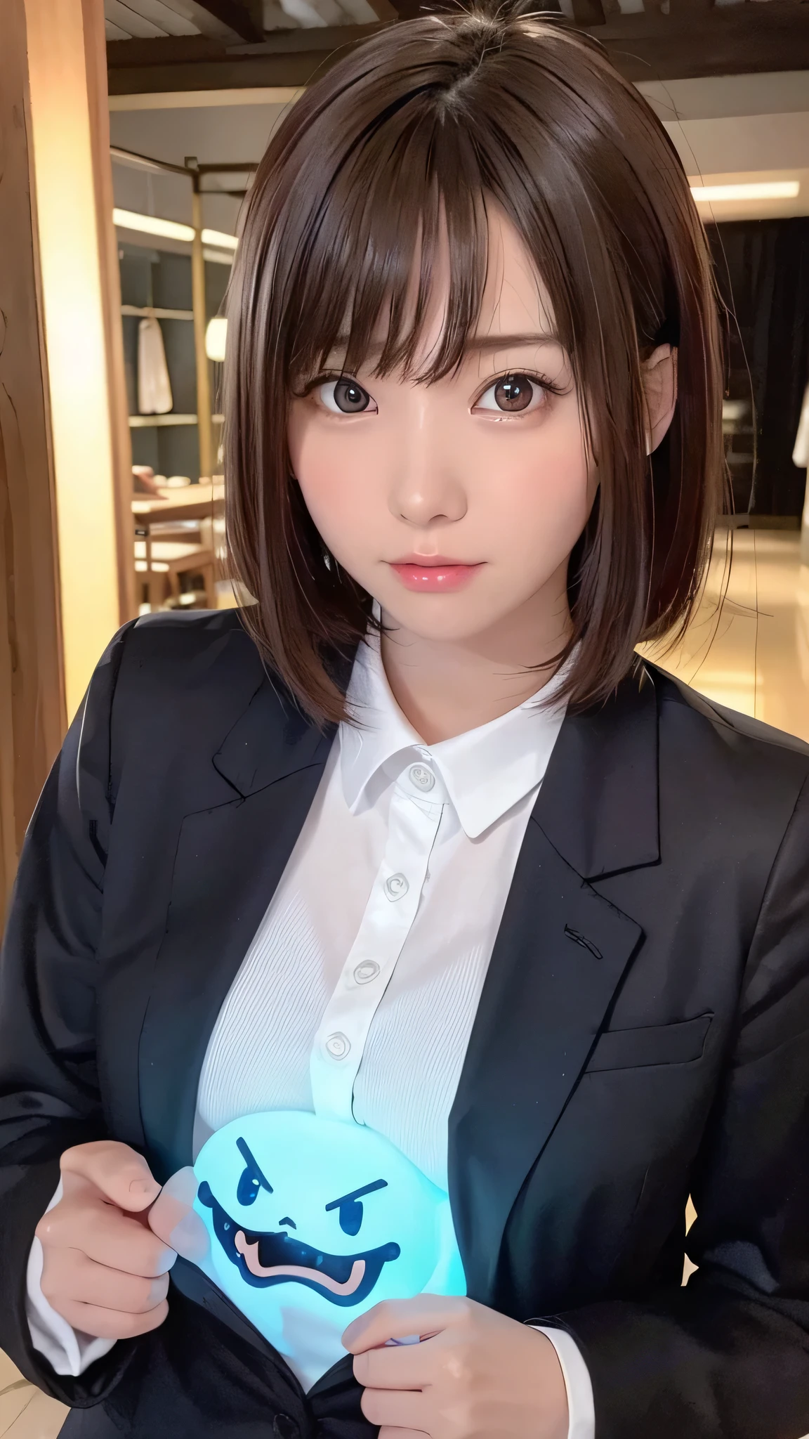 Beautiful woman,View your viewers, , dark, Backstreets, Neon Signs, High Contrast, Low light, Vibrant, Very detailed, Brown Hair Color, Glowing Eyes、 With a face like an elementary school student、Slime-ified、Flat Body、accelerated background blur、Enako、Enako、Enako、School Background、Japanese 、uniform、blazer