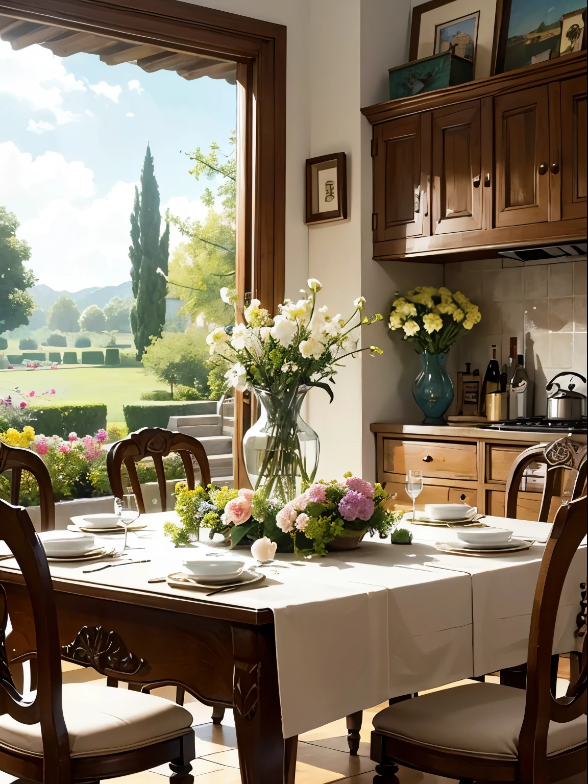Table close-up,There is a vase of flowers on display, Comfortable environment, There is a French garden, Kitchen on a sunny day, french country decor, author:Bernard D'Andrea, Bright windows illuminate the kitchen, Architectural Digest, and Garden Magazine, House and garden, Architectural Digest photo, summer morning light, There are flowers and plants, (Floral watercolor:1.5)
