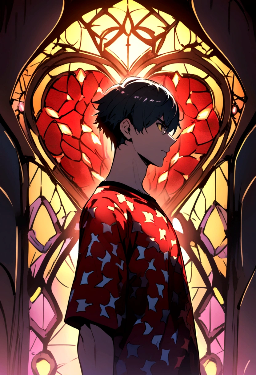 create teenage boy in profile with a red puzzle shirt, blue and yellow autism holding a heart