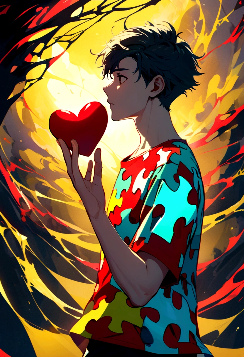 create age boy in profile with a red puzzle shirt, blue and yellow autism holding a heart