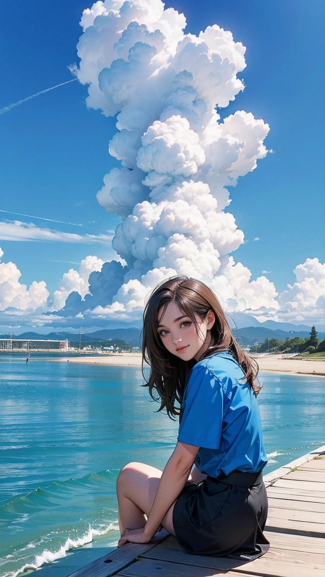 ((最high quality, 8K, masterpiece: 1.3, Ultra HD, high quality, 最high quality, High resolution, realism)) 、Beautiful 18-year-old stateless woman、The hair is brown、Iridium Hair、 hair is wavy、smile、I want to keep my head out of the screen.、sit on a high breakwater on the beach、The blue sky is beautiful、There is a cloud at the entrance、that'summer、 jeanstshirt、There is a road in front of the breakwater.、There is a sign indicating the bus stop.、The sea is beautiful、Beautiful Horizon、 island can be seen offshore、Looking at the sea、((look down at the viewer,from below:1.5)),