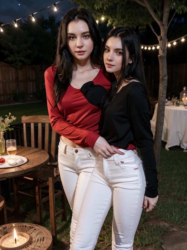 Ultrarealistic, pale skin, black hair, cleavage, (red long sleeve top), tight white jeans, full body, at a house party, night, backyard, her friend with her, hugging her
