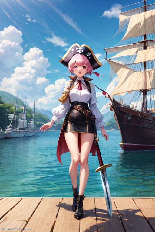 create a 25-year-old anime chia in pirate clothing with a miniskirt in a landscape of a dock and pirate ships holding a sword and a treasure map