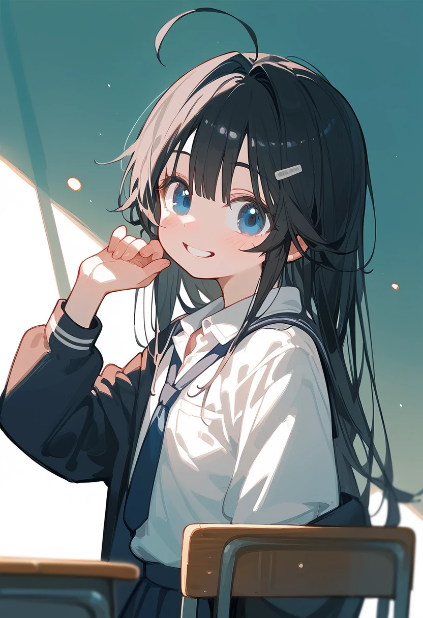 One Girl、Black Hair、Long Hair、Straight Hair、Ahoge、high school student、smile、Dark blue eyes、Big eyes、shirt、Background School