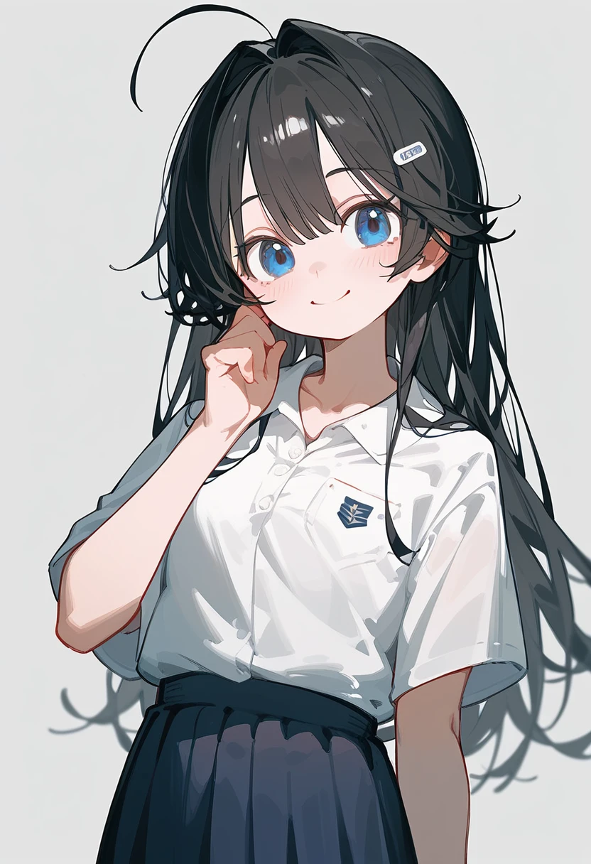 One Girl、Black Hair、Long Hair、Straight Hair、Ahoge、high school student、smile、Dark blue eyes、Big eyes、shirt、Background School