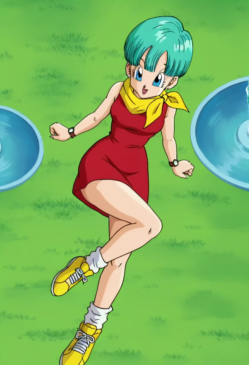 fountain_cheered up, score_9, score_8_above, score_7_above, cheered up screencap,
BULMA, 1 girl, Alone, buu saga, aquamarine hair, very short hair, bowl cut, Blue eyes, wristwatch, yellow scarf, Red dress, sleeveless, loose socks, Yellow sneakers, Grass, Field, from below, tournament , crossed legs