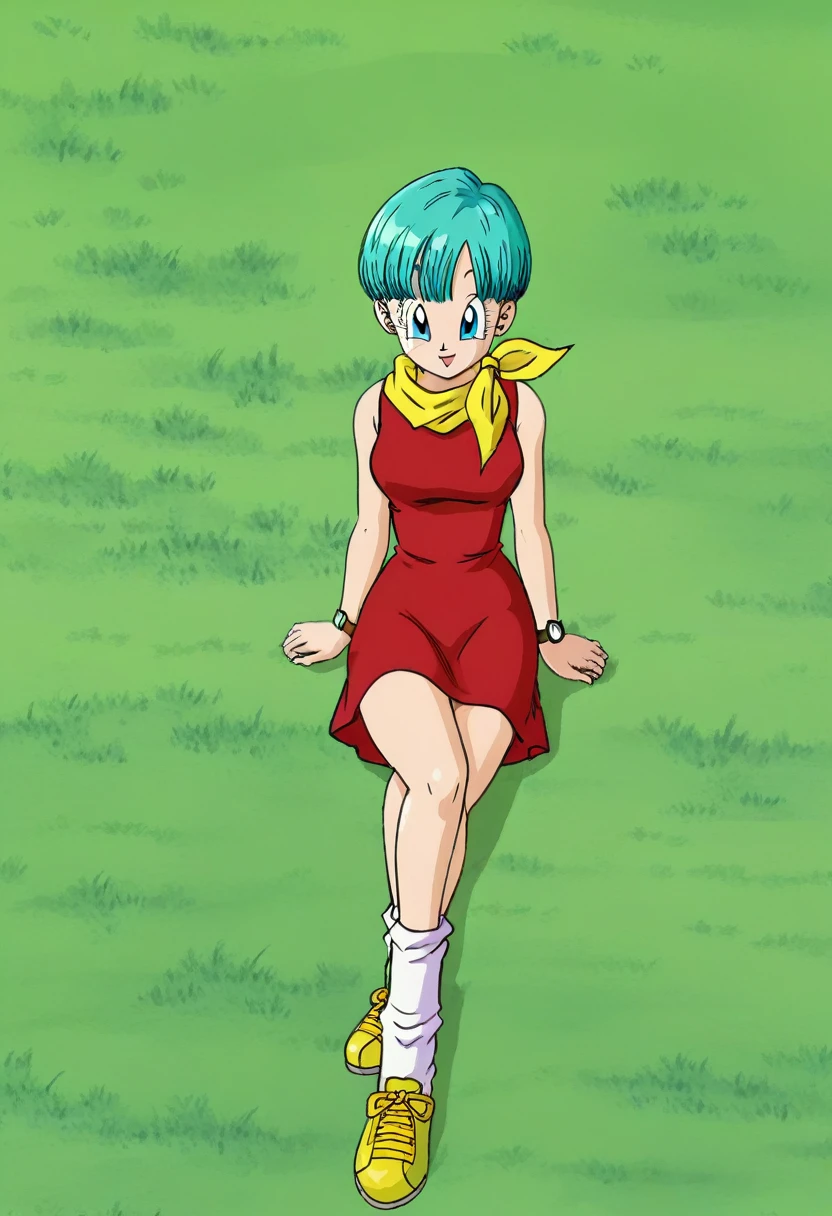 fountain_cheered up, score_9, score_8_above, score_7_above, cheered up screencap,
BULMA, 1 girl, Alone, buu saga, aquamarine hair, very short hair, bowl cut, Blue eyes, wristwatch, yellow scarf, Red dress, sleeveless, loose socks, Yellow sneakers, Grass, Field, from below, tournament , crossed legs