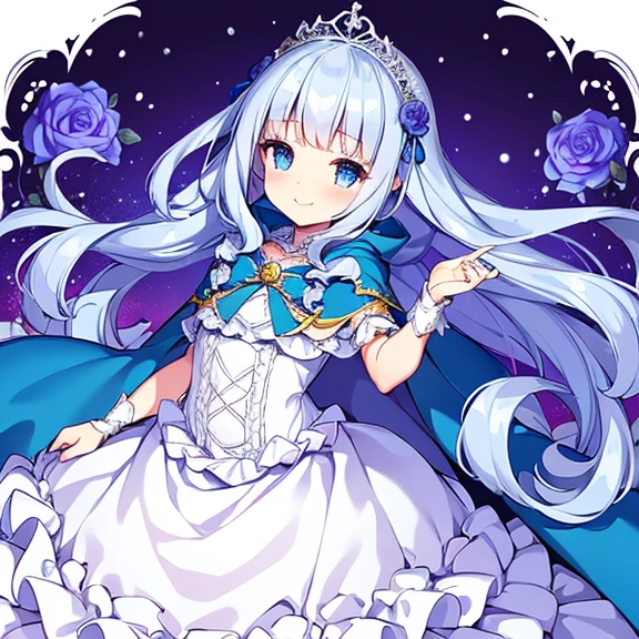 looking at viewer,(kawaii),(best quality),(ultra detailed),(rococo style),(long train blue cape:1.15), very long cape,(long train white ball gown with flower decorations:1.1), a girl is wearing a cape over her gown, 1 little princess, tiara, smile, very long hair, small breasts, beautiful detailed eyes, beautiful detailed lips