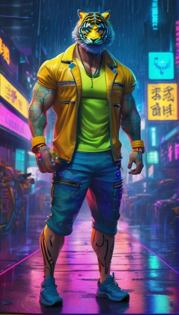 a man in a yellow jacket and blue shorts standing in the rain, muscular! cyber punk, hero pose colorful city lighting, cyber punk street goon, cyber punk vibrant colors, hyper-realistic cyber punk style, cyber punk character, cyber punk character art, cyber punk dude, cyber punk art style, muscular character, style of cyber punk 2 0 7 7, cyber punk 2077 rossdraws