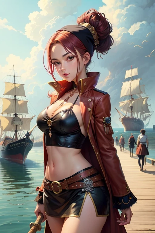create a 25-year-old anime chia in pirate clothing with a miniskirt in a landscape of a dock and pirate ships holding a sword and a treasure map