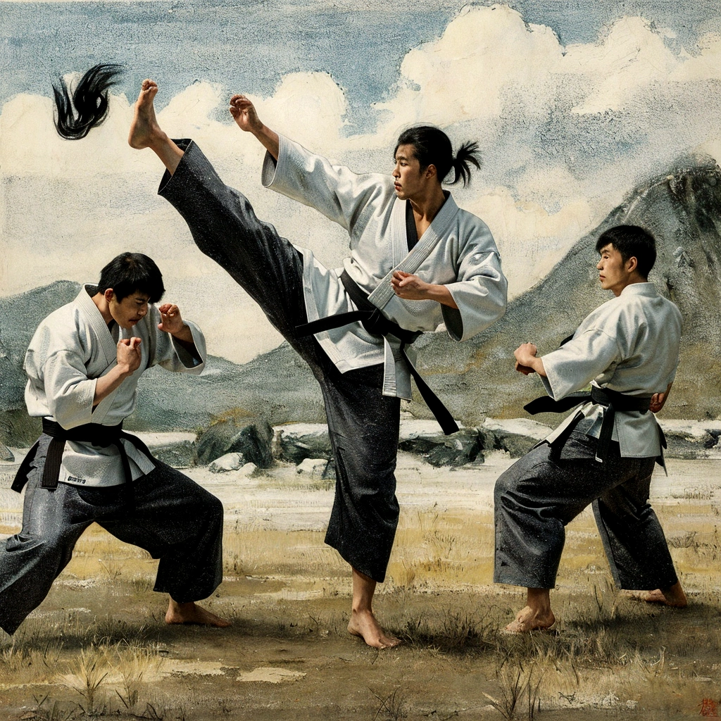 there are three men in karate uniforms doing a kick, martial arts, karate, karate kick, rob rey and kentaro miura style, inspired by Gatōken Shunshi, inspired by Baiōken Eishun, doing martial arts, fighting posture, kung-fu, martial art pose, aikido, kung fu, by Morris Kestelman