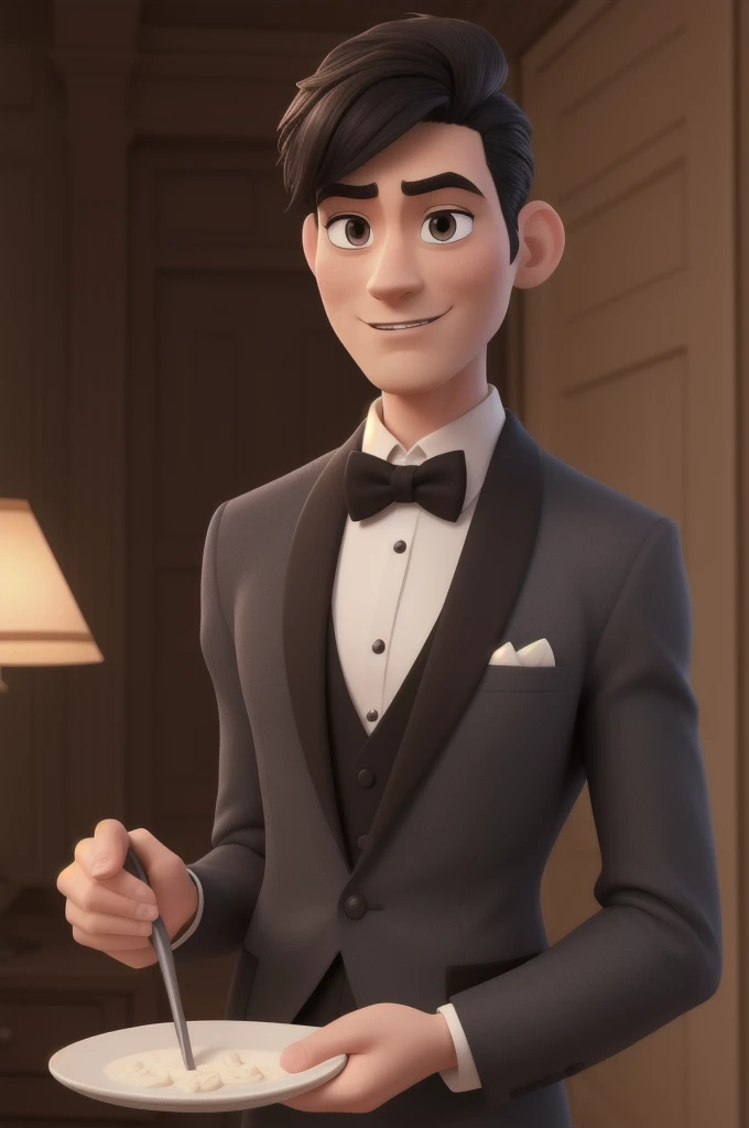 A sophisticated butler with chiseled features and a strong jawline, rendered in stunning HD realism with a touch of Pixar magic.