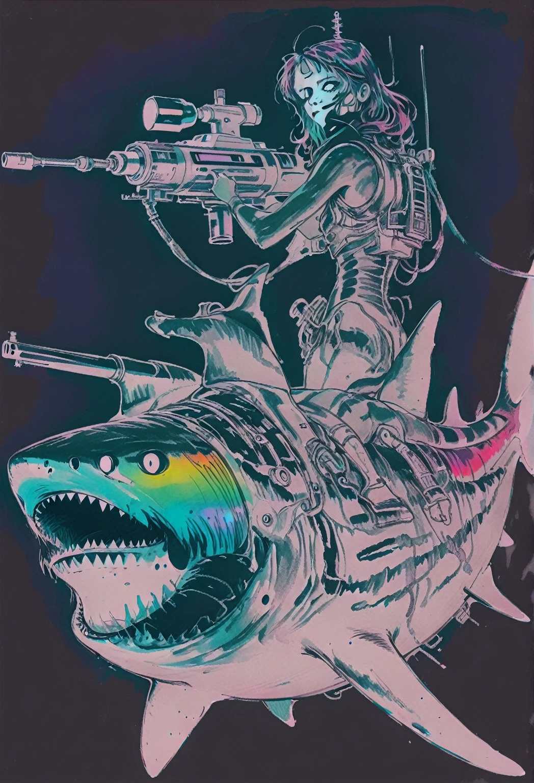 deep sea abyss, darkness, black, shades of grey, VHS, glitch, distorted, nostalgia, 90's retro vibes, analog tape, vcr aesthetics, tv, television, hand drawn, (full roygbiv color) ink charcoal expressive illustration, no light source, darkness, light mask uv rays across face, illustate (jamie hewlett style) tank girl, riding a shark submarine, sketch, unfinished, expressive ink bold line style, cinematic, splash page, wearing deep sea submersion suit, submarine shark sense of movement and energy

