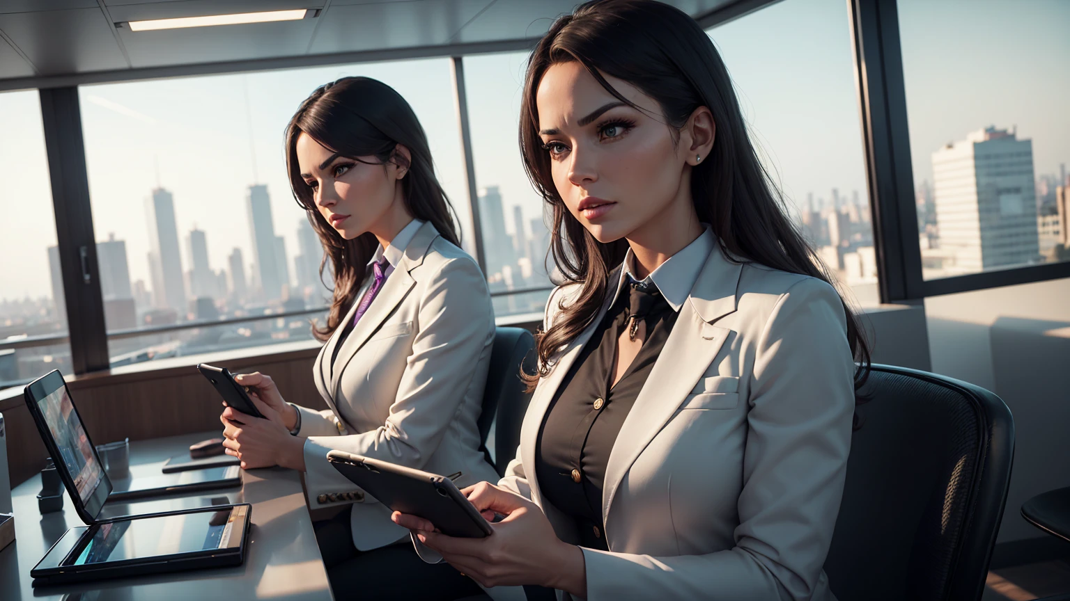 Stylish woman, Play slots on your tablet, Serious expression, Modern Office, lunch break, Salad bowl, business suit, Large windows, City view, Photorealistic 3D rendering