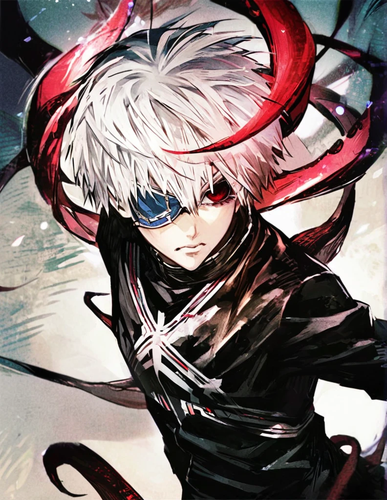 ```
ken kaneki, Tokyo Ghoul, white hair, black outfit, eyepatch, half-ghoul, serious expression, red kakugan eye, kagune tentacles, detailed face, high quality、Acrobatic、Wind-like sensation、

```