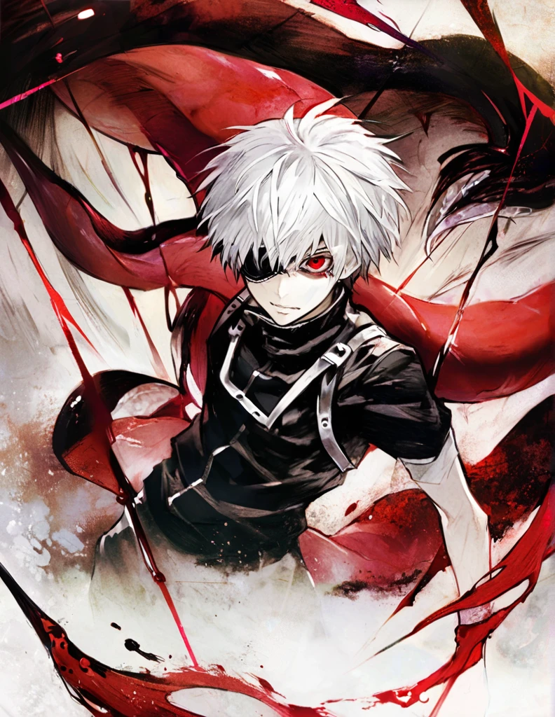 ```
ken kaneki, Tokyo Ghoul, white hair, black outfit, eyepatch, half-ghoul, serious expression, red kakugan eye, kagune tentacles, detailed face, high quality、Acrobatic、Wind-like sensation、
```