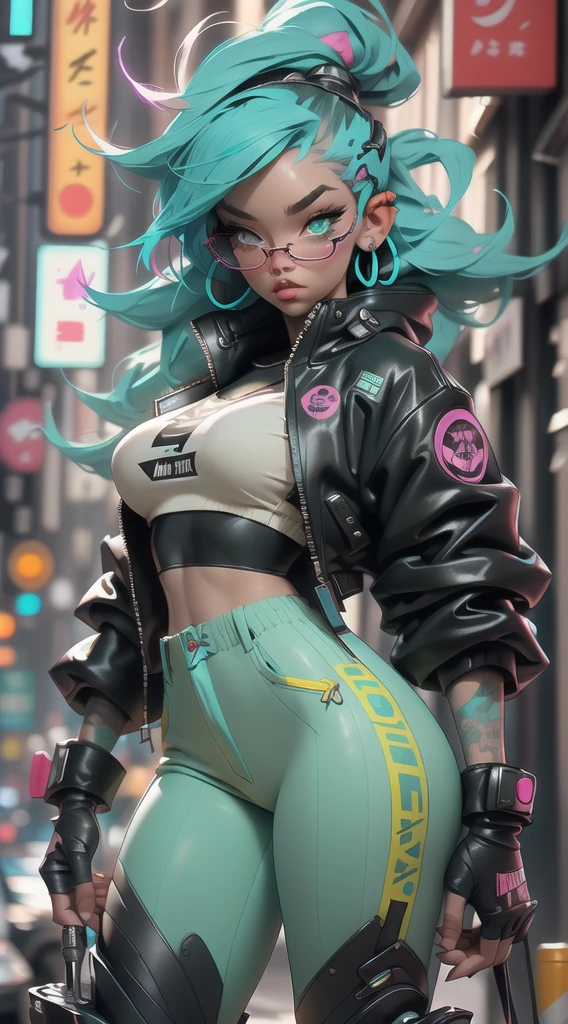 ((Best Quality)), ((Masterpiece)), ((Realistic)) and ultra-detailed photography of a 1nerdy girl with goth and neon colors. She has ((turquoise hair)), wears a techwear jacket and exudes a vibe ((beautiful and aesthetic)), sexy, underboobs, hot