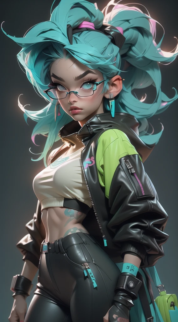((Best Quality)), ((Masterpiece)), ((Realistic)) and ultra-detailed photography of a 1nerdy girl with goth and neon colors. She has ((turquoise hair)), wears a techwear jacket and exudes a vibe ((beautiful and aesthetic)), sexy, underboobs, hot