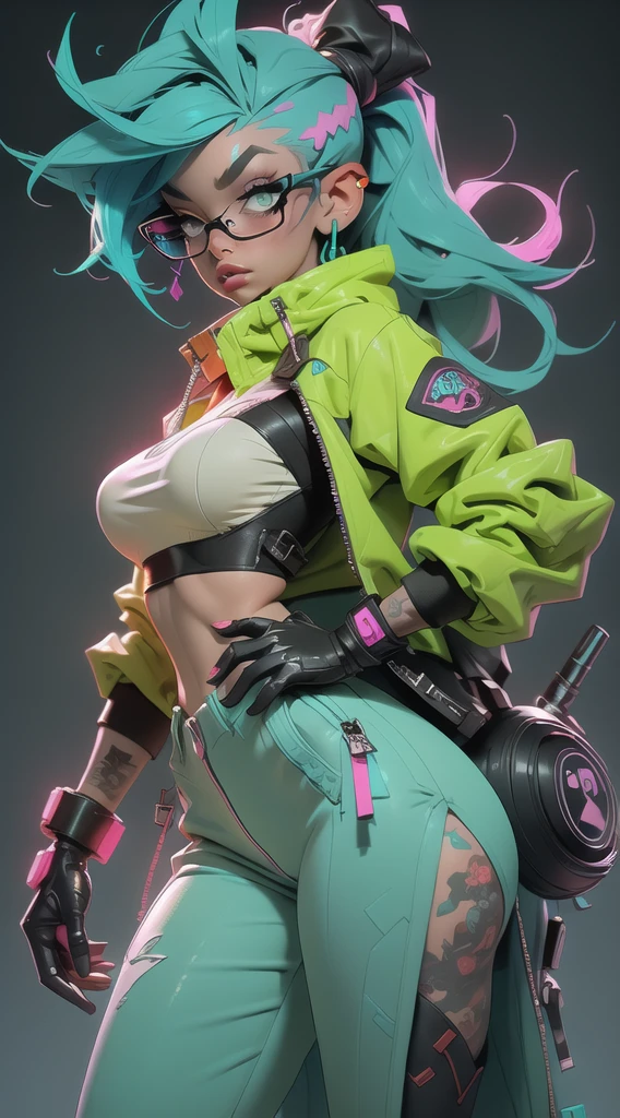 ((Best Quality)), ((Masterpiece)), ((Realistic)) and ultra-detailed photography of a 1nerdy girl with goth and neon colors. She has ((turquoise hair)), wears a techwear jacket and exudes a vibe ((beautiful and aesthetic)), sexy, underboobs, hot