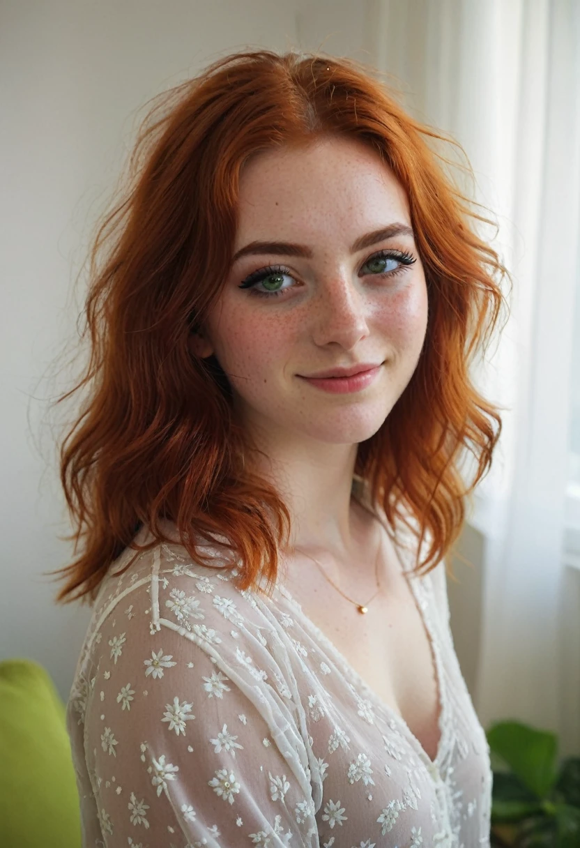 (Photography with soft lighting by Mimoza Veliu and Mario Giacomelli:1.2), portraite, upper cos, close up, fluffy woman, comely, 20 years old, greeneyes, (bold black eyeliner, make up:1.3), freckles, soft smiling, shoulder length red hair to the side, ear, see through loose blouse, neckleace, Kneeling, livingroom, Knee socks, cos, comely legs, realistic soft skin, gazing at viewer