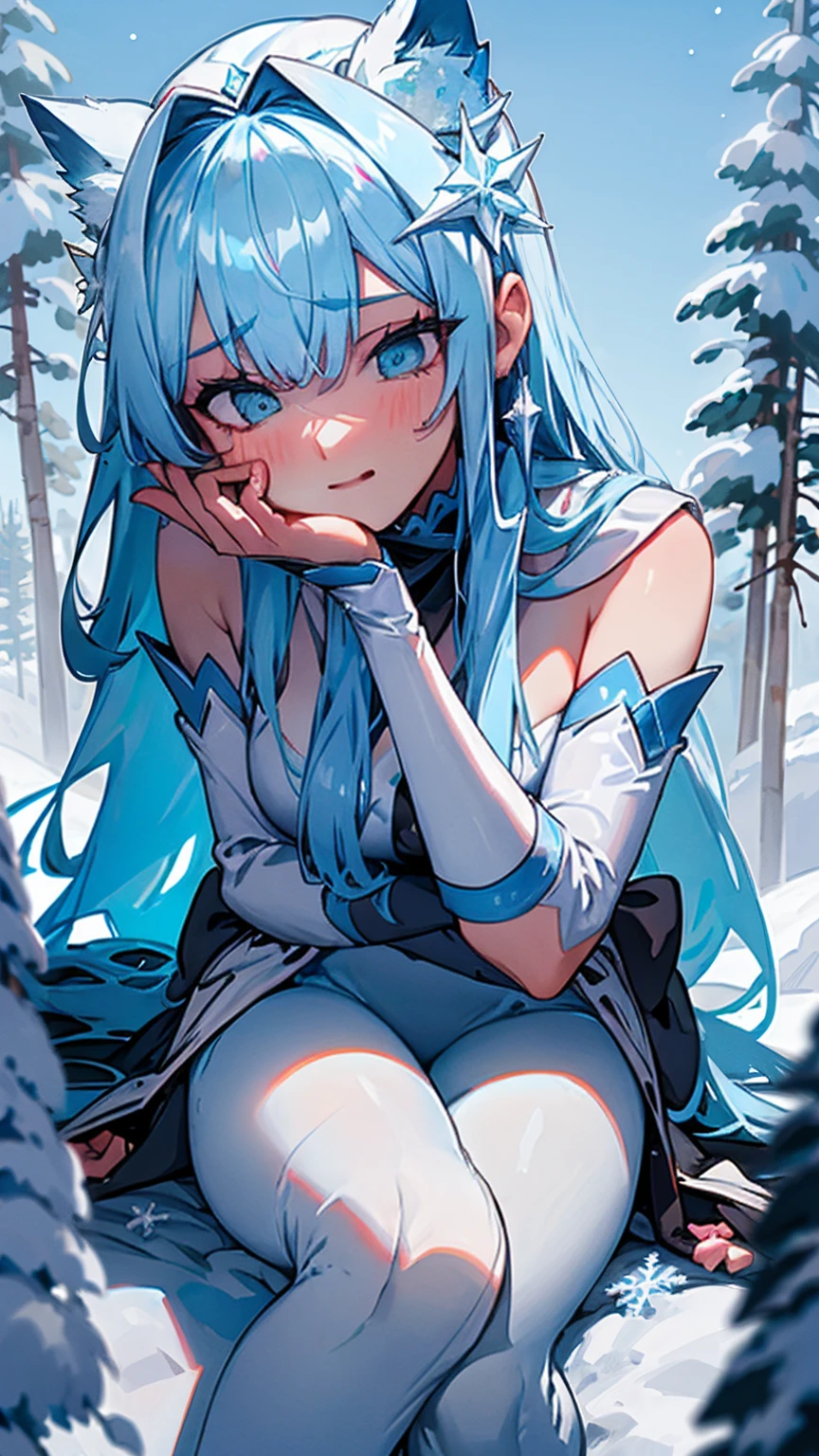 Amidst a snowy landscape, the Giantess Goddess with iceberg blue skin and crystal white eyes moves gracefully among the frost-covered trees and frozen lakes. Her hair, a cascade of white snowflakes, sparkles in the sunlight. Skiers and winter enthusiasts pause in their activities, their cheers softening as they watch her pass. Unseen until her gentle fingers delicately pluck them from their ski poles, they cry out in surprise, their protests muffled against her palm as she brings them close to her face, studying them with gentle curiosity before setting them down carefully.