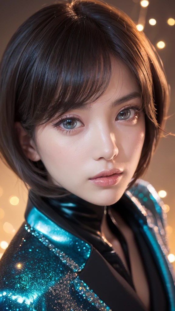 (In 8K, Highest quality, Tabletop, Ultra-high resolution, Highest quality, Beautiful and beautiful face,:1.5), (Lots of details), (Android in the form of a girl:1.3),(Realistic feel:1.4) (View from above:1.6), (Very white skin, Clear skin, Glowing Skin:1.4), Pin Spot Light, (The eyes are connected to the universe through high-performance lens eyes. Fine pupil, Gathering sparkle in your round eyes, Long eyelashes:1.5), Shiny, wig hair, Duck mouth, Gloss Lip, de luz, cute, fresh, ((Wear a deep sea-colored suit)), Light from above, Light from below, Light from the side, すべてのde luz融合点に立つ, Lighting by world-class AI creators, Digital Art, Light and deep texture