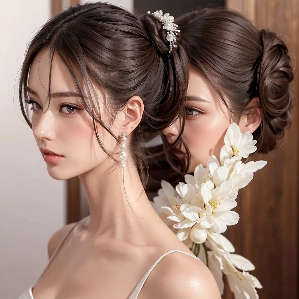Imagine an elegant woman with a meticulously polished low bun at the back of her neck. O cabelo, an intense dark brown, it should be smooth and shiny, reflecting a well-groomed look. The bun is adorned with small white pearls evenly distributed, adding a sophisticated charm ideal for formal events. The model has soft makeup, with neutral eye tones, perfectly even skin and a slight touch of shine on the lips, complementing the sophistication of the hairstyle. This look evokes an atmosphere of elegance and refinement..