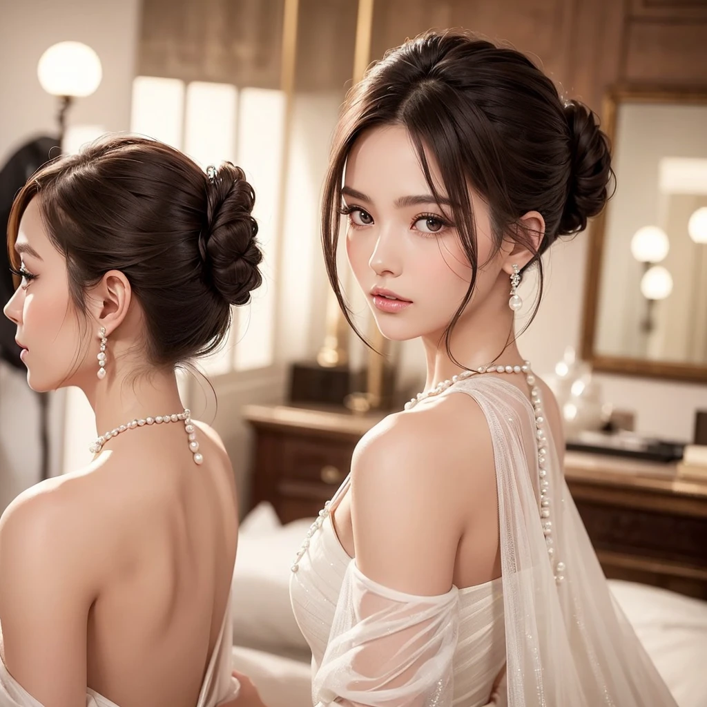 Imagine an elegant woman with a meticulously polished low bun at the back of her neck. O cabelo, an intense dark brown, it should be smooth and shiny, reflecting a well-groomed look. The bun is adorned with small white pearls evenly distributed, adding a sophisticated charm ideal for formal events. The model has soft makeup, with neutral eye tones, perfectly even skin and a slight touch of shine on the lips, complementing the sophistication of the hairstyle. This look evokes an atmosphere of elegance and refinement..