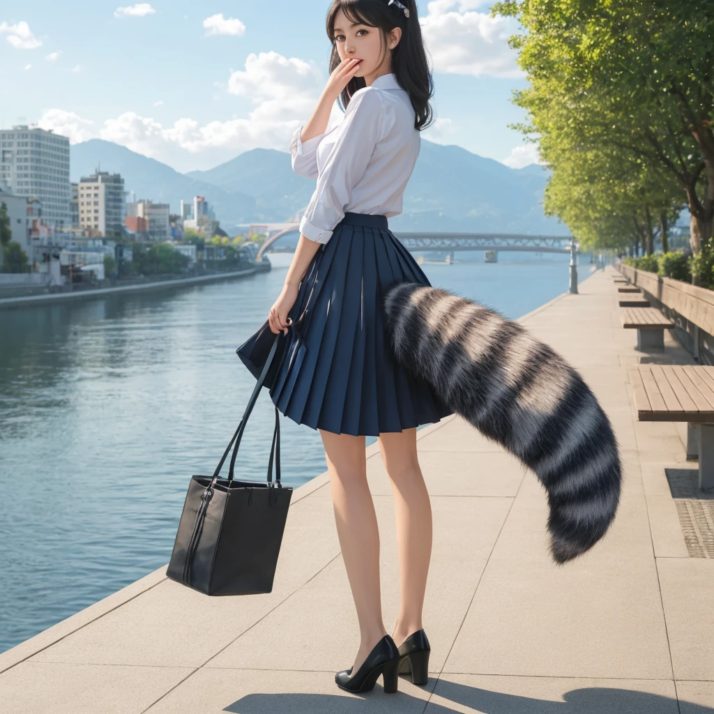 A girl wearing a skirt and high heels is crossing the road with a man in the background, raccoon tail, Furry tail,  City street with street trees behind her, fluffy tail, Tanuki tail, thick tail, in the city street, , Tailed, thick fluffy tail, tail, Troubled face, Red face, white panties, a picture, top-quality, Eight-headed body, slender