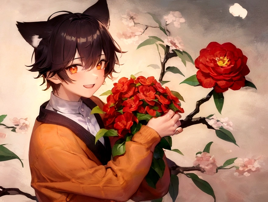 Create a detailed illustration of a teenage boy with red panda ears. He is smiling happily, and his expression should convey joy and warmth. He is holding a bouquet of camellia flowers in his hands. The boy is wearing a dark orange cardigan as an outer garment. Ensure the cardigan has a cozy and slightly oversized appearance. The background should be simple, keeping the focus on the boy and his cheerful demeanor