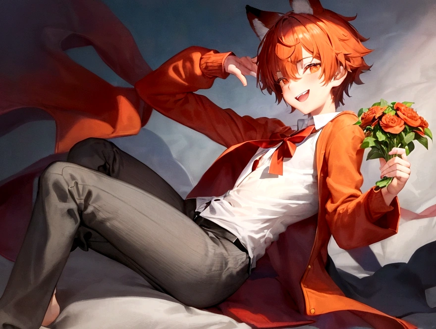 Create a detailed illustration of a boy with red panda ears. He is smiling happily, and his expression should convey joy and warmth. He is holding a bouquet of camellia flowers in his hands. The boy is wearing a dark orange cardigan as an outer garment. Ensure the cardigan has a cozy and slightly oversized appearance. The background should be simple, keeping the focus on the boy and his cheerful demeanor