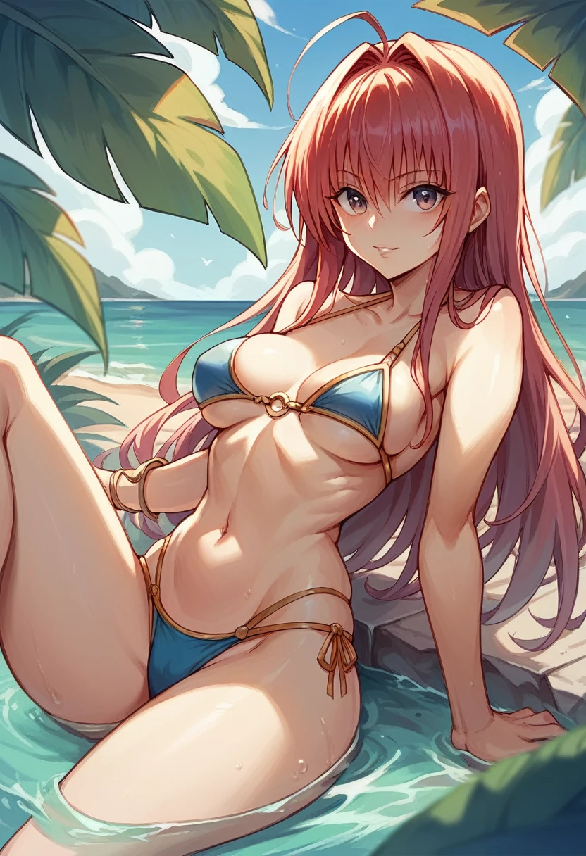 Wearing a sexy, brightly colored bikini、To Love-Ru、She's crying、She sweats a lot、The background is the school changing room、M-shaped legs、