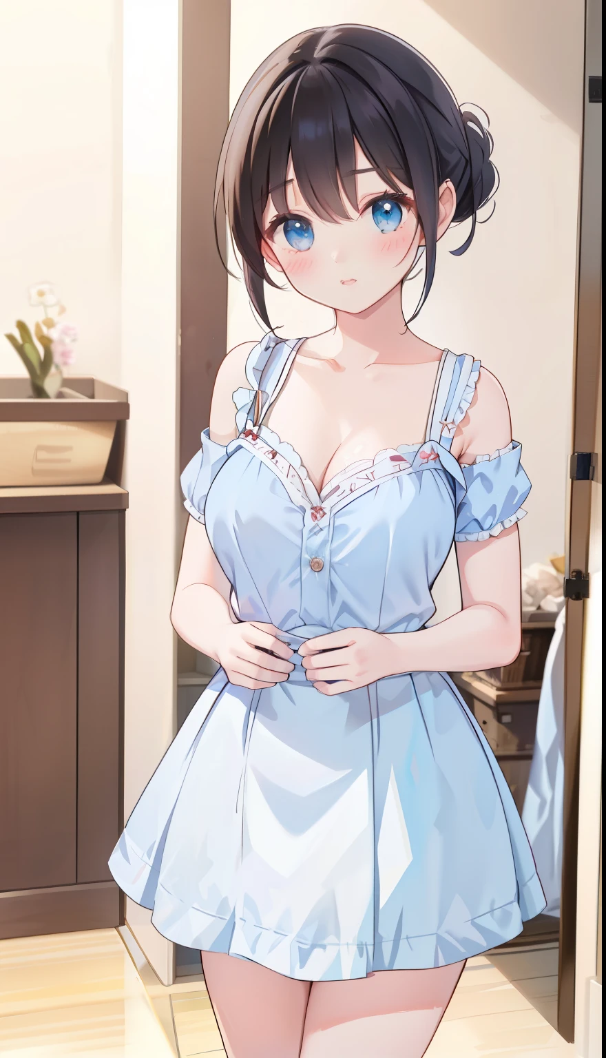 One Girl、positive、Standing posture、Full body portrait、Black Hair、Medium Haircut、blush、Absolute area、No panties、No bra、barefoot、Light blue dress、Off-the-shoulder dress、(Very large breasts)、Cleavage、((Lesbians around the world))、masterpiece、(highest quality)、、White heel sandals、Shirt buttons fly off、Unbutton your shirt、Exposing the breasts、