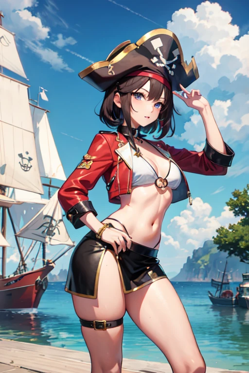 create a 25-year-old anime chia in pirate clothing with a miniskirt in a landscape of a dock and pirate ships holding a pirate sword