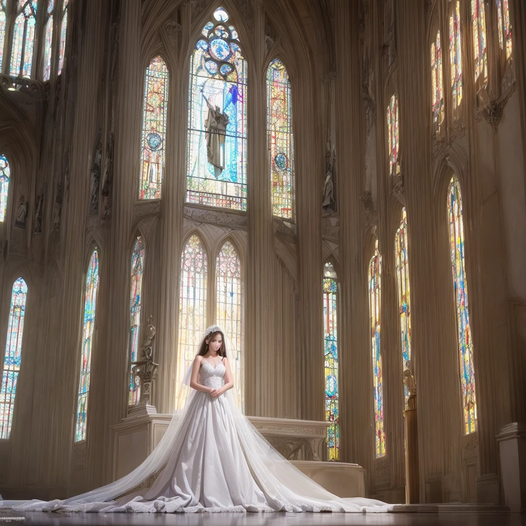 (((nffsw))), (((masutepiece))), (((8K))), (((hight resolution))), (((surrealism))), (((Cinematic lighting))), god rays, Zoom Layer, (((FULL BODYSHOT))), F/4.0, canon, Shiny skin,Detailed skin,Detailed face, Detailed eyes, Beautiful bride goddess, Churches in France, Royal Tiara, see-through wedding dresses, silver earing, In cross, Mystical sight, Light shines through stained glass