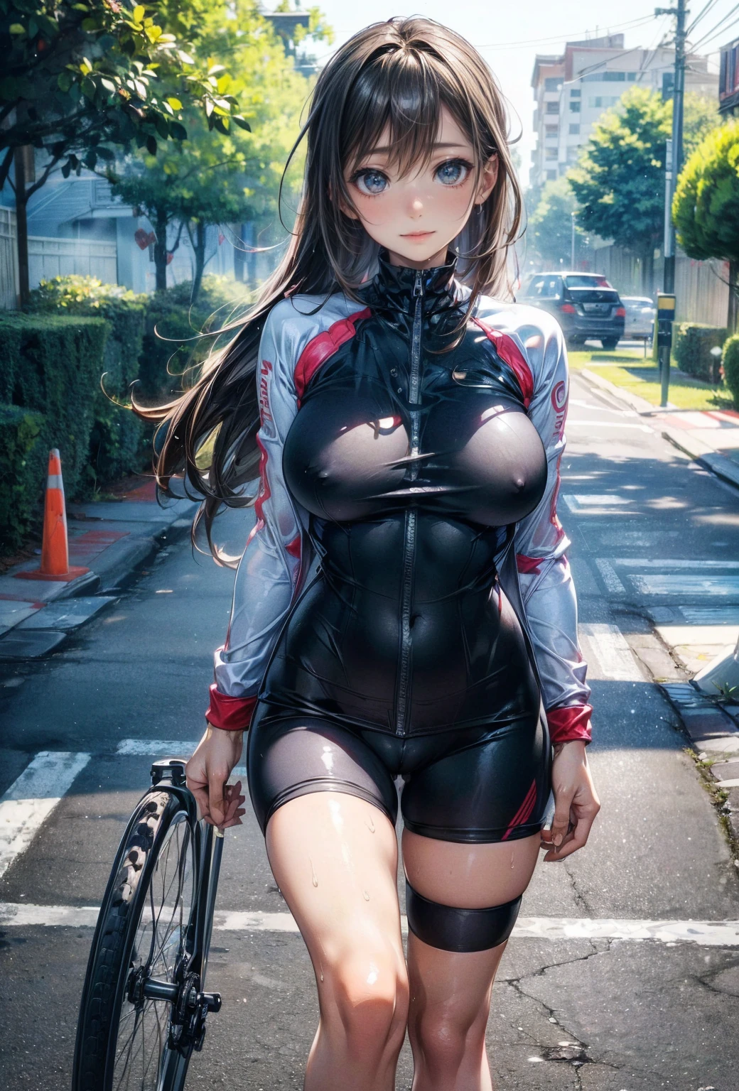 NSFW、Highest quality、(One girl),Big Breasts、(Road bike)、((Get on a bike))、Smiling at the viewer、Beautiful Eyes、Beautiful Face、Delicate eyes、Tight and thin cycling wear、((Sweatで透けたサイクルウェア))、Sweat、Morning urban valley、street tree