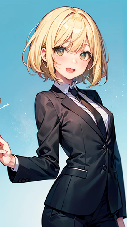 (AkiyamaYukari:1.25),
One Woman,
(Blonde:1.5),
(short,)Bobcut,
Early 20 years old,Natural skin texture,Narrow waist,Thin type,
(Asian Skin:1.9),Height: 168cm,Japanese Girl,,
Yellow Eyes,Small breasts,
((((Black business suit)))),
(((Black Business Pants))),
((Black tie)),
((ID photo:1.8,Plain cerulean blue background:1.6,Capture your subject from the front)),
expression(smile),upright posture,Open Mouth,Open eyes,blush,
Natural depiction,
Beautiful depiction,
Shiny eyes,
Healthy Body,
Natural hairstyle,
Natural body contours,
Natural facial contours,
(Five fingers)Absolute depiction,Symmetrical fingers,
Two arms,
Two legs,
Sharp eyelid depiction,
Symmetrical eyes,Symmetrical eyes,
Keep the subject in the center,Expand the upper body,
Beautiful image quality,
Delicate shades,
4K,Very detailed,
Delicate light adjustment,
Delicate contour drawing,