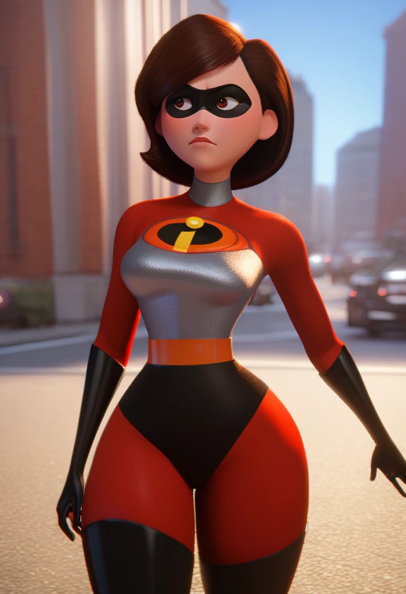 Helen Parr, defined face, defined eyes, full lips, thin upturned nose, orgasmic expression, defined figure, thick legs, thin waist, huge breasts, detailed delicate hands, much more voluptuous, more muscular, much more lascivious, suck cock, titjob , blowjob, riding cock, hard sex, Helen Parr riding son penis