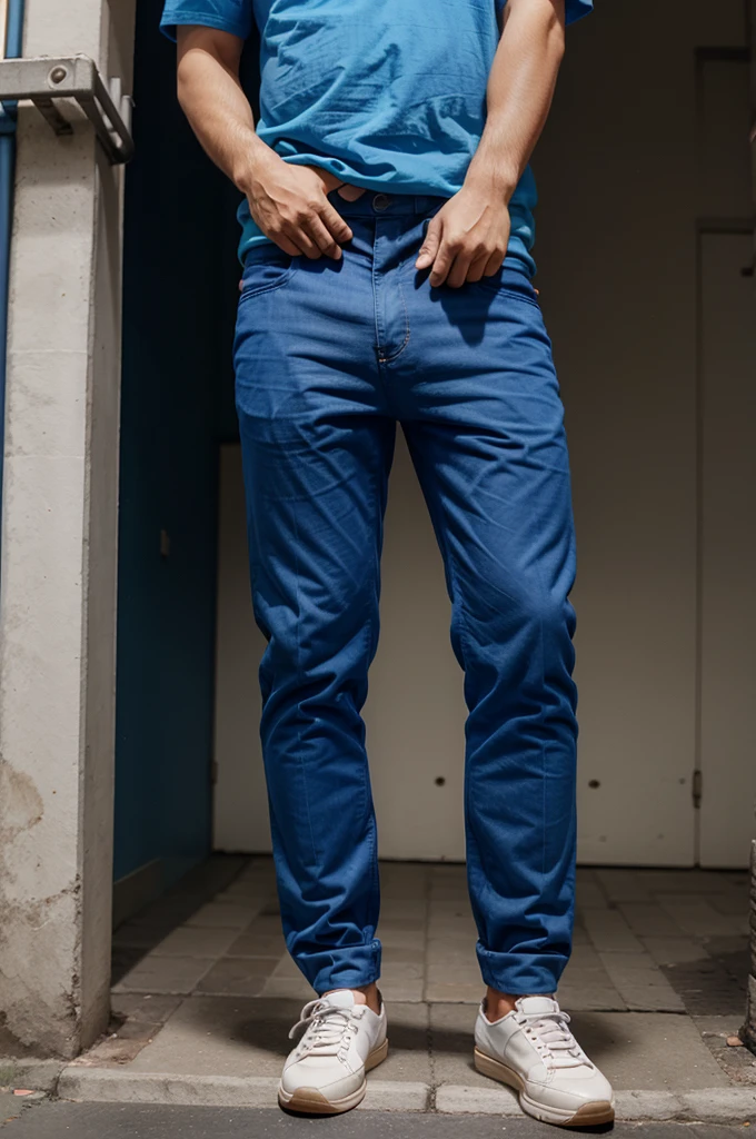 Create an animated 3D illustration of an adult man with an Indonesian face,casually dressed in blue with brown pants and blue shoes