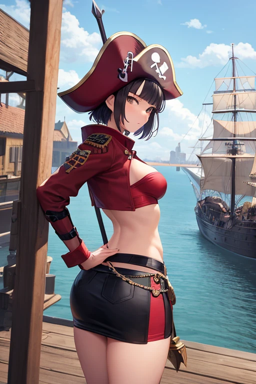 create a 25-year-old anime chia in pirate clothing with a miniskirt in a landscape of a dock and pirate ships holding a pirate sword