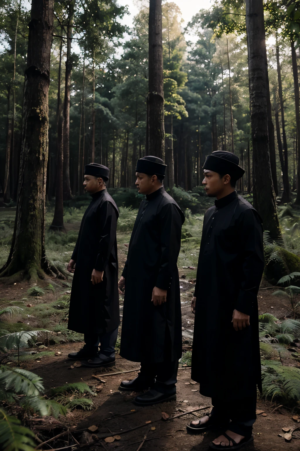 muslims wearing black songkok, black kurta shirts, praying in the dark forest