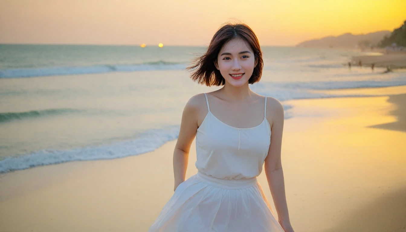Beautiful Korean Woman, Chest size 34 inches, Wear sleeveless, light skirts, Looking at the sea from the beach at sunset. beautiful pretty woman look , wearing a light skirt , Go far into the sea water and soak your feet, wet,burning sunset light, Short medium hair blowing in the wind, 1 woman, beautiful eyes, A slight smile, Danang Beach, Vietnam, palm trees visible, Taken from afar with a wide angle lens. uhd